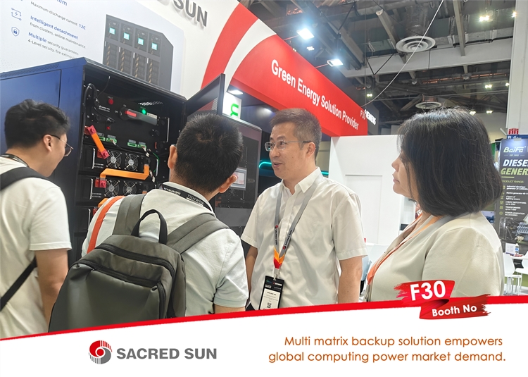 Sacred Sun showcased its prefabricated power module solutions and high-voltage UPS lithium battery system solutions at the exhibition.